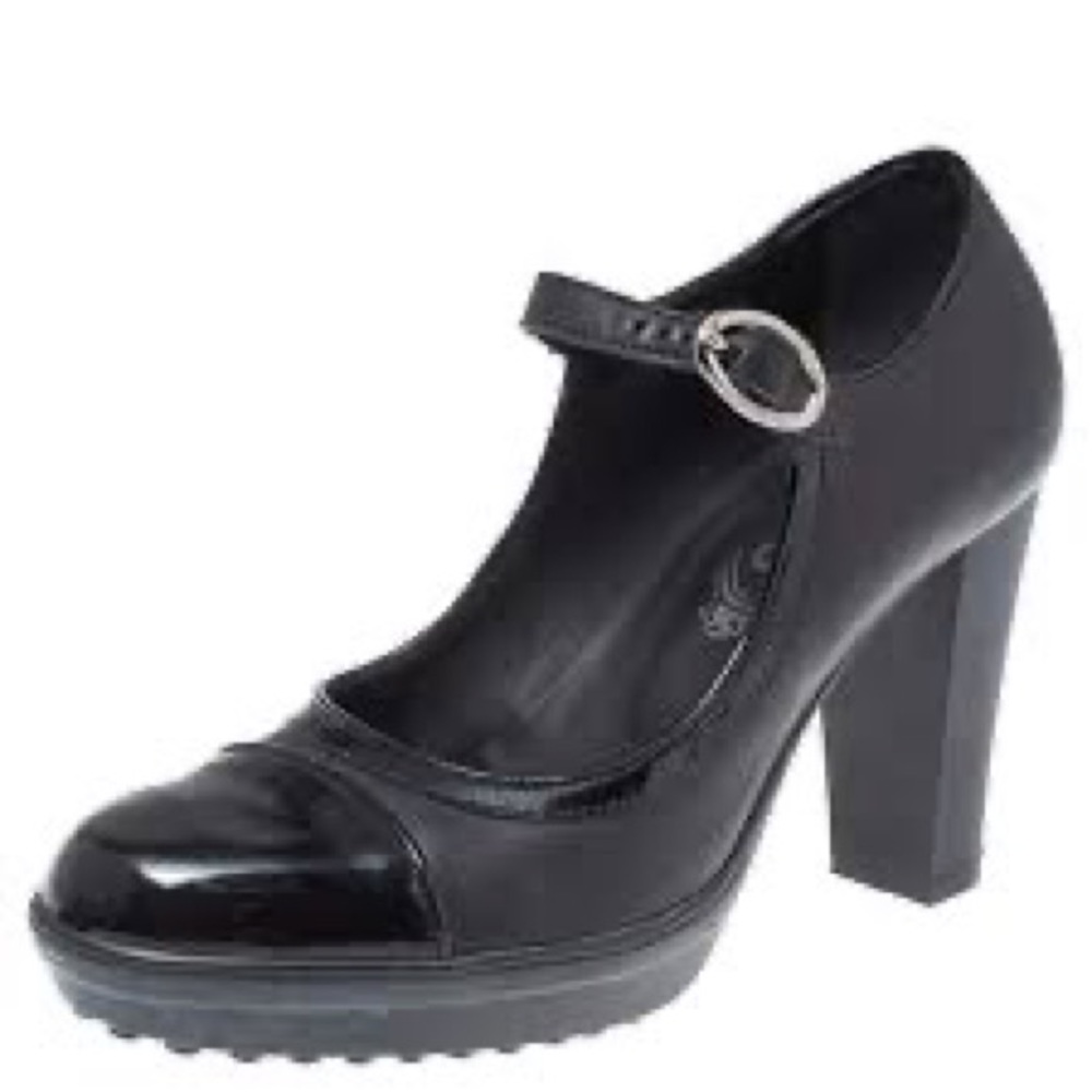 Tod's Black Patent Leather Mary Jane Block Heel Platform Pumps sz 38